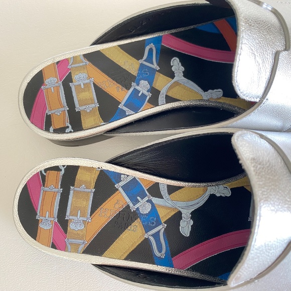 HERMES H CATENA SILVER LEATHER MULES FLIP FLOPS SHOES FLAT SLIDES 35 - Picture 15 of 15